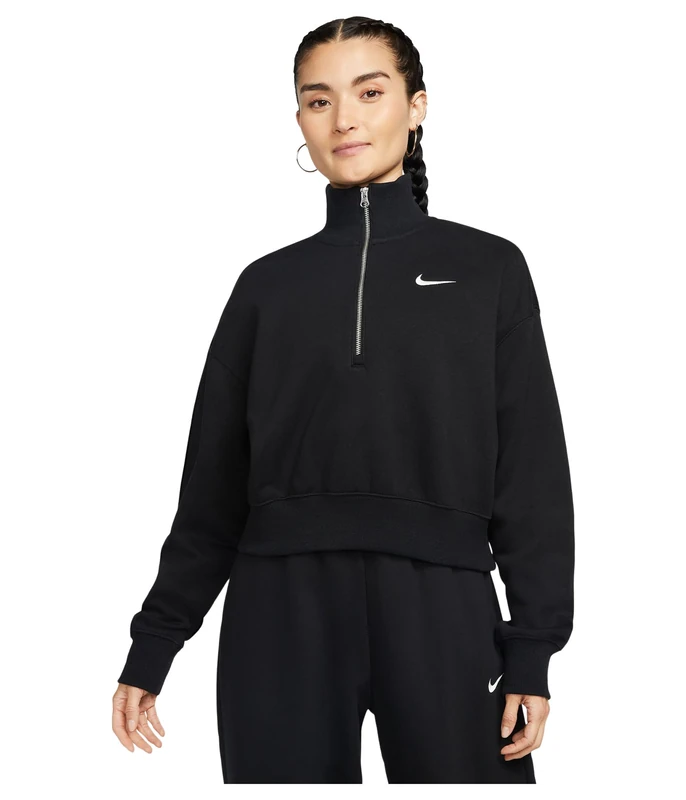 NIKE DQ5767-010 W NSW PHNX FLC QZ CROP Sweatshirt Women's Black/sail XL-S - Image 1