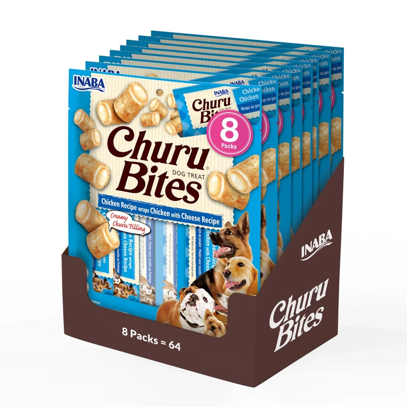 Churu Bites by INABA Dog Treat - Chicken & Cheese Flavour 8 Pack (64 x 12g total) / Crispy Pouches with Creamy Filling, Delicious & Healthy Snack for Dogs, Training Treat, Natural, Grain Free