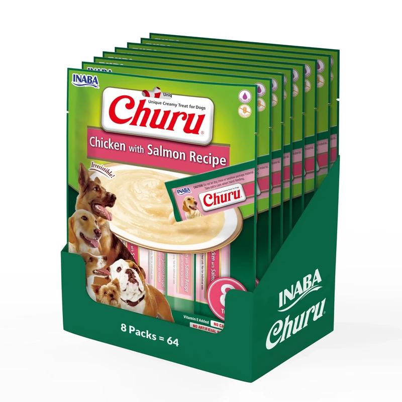 Churu Sticks by INABA Dog Treat - Chicken & Salmon Flavour 8 Pack (64 x 20g total) / Soft & Creamy Dog Treat, Delicious & Healthy Snack, Food Topper, Pill Assist, Training Treat, Natural, Grain Free
