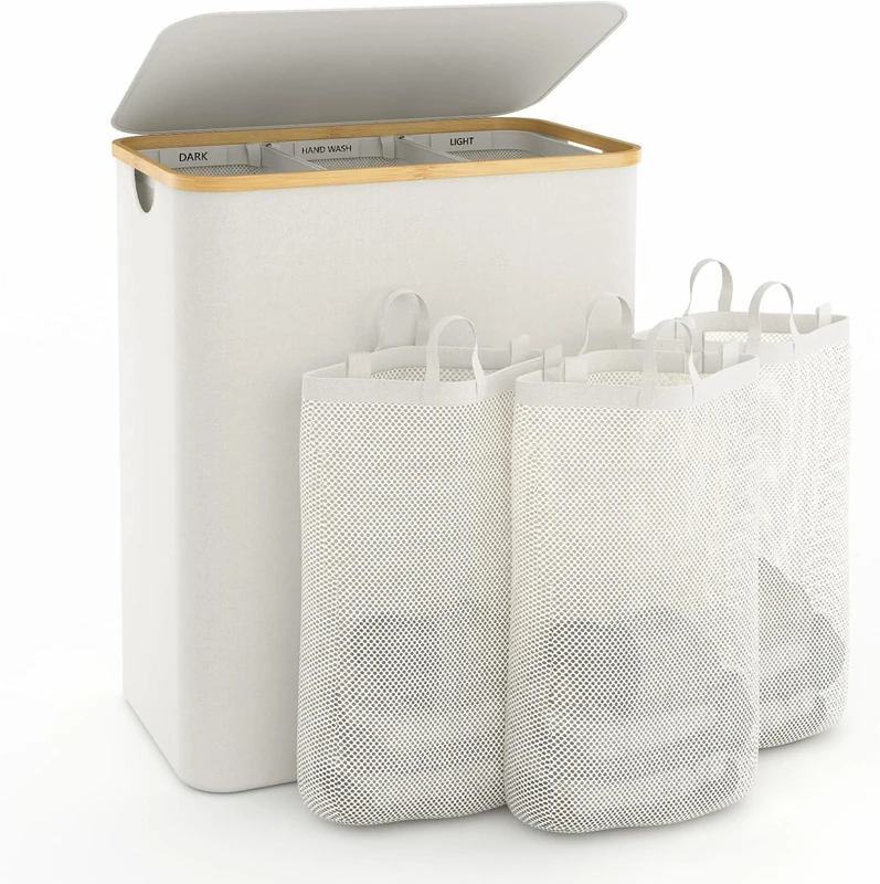 Hampers for Laundry Basket with Lid, 160L Extra Large Laundry Hamper 3 Section Dirty Clothes Hampers for Laundry Divided Laundry Basket Organizer for Bedroom,Laundry Room,Dirty Clothing Hamper,Beige
