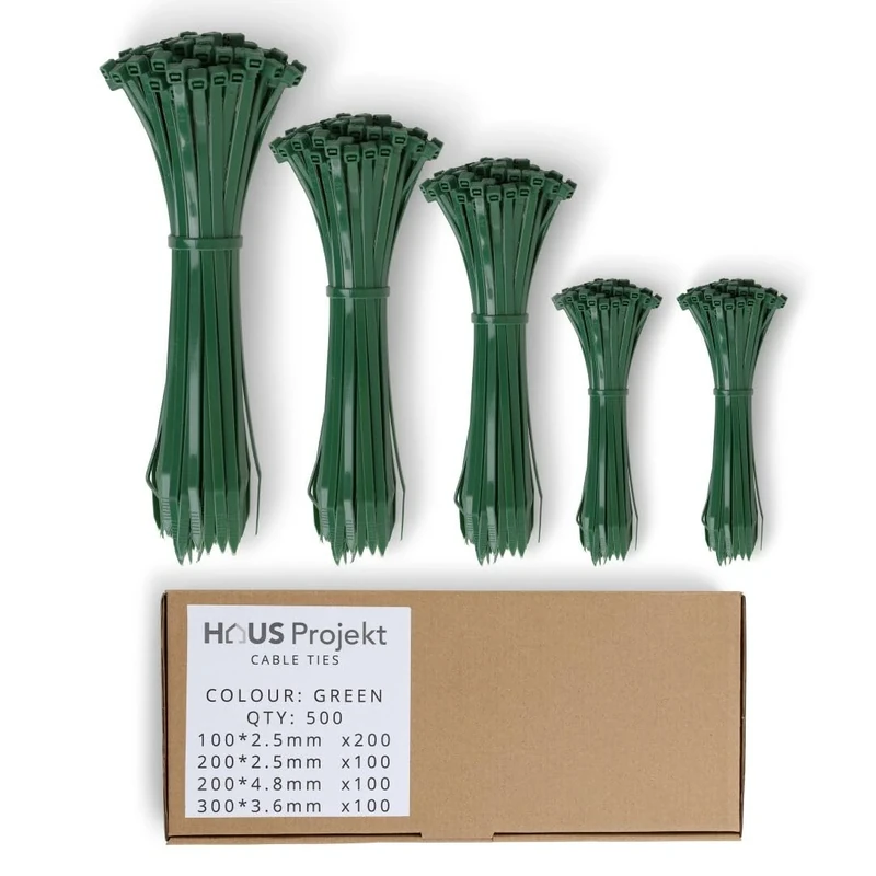 Haus Projekt Cable Ties 500 Pack Green, Assorted Size Zipties, 100/200mm x2.5, 200x4.8, 300x3.6, Cable Management Tidy, Heavy Duty Plastic Zip Tie Wraps, Garden Cable Ties