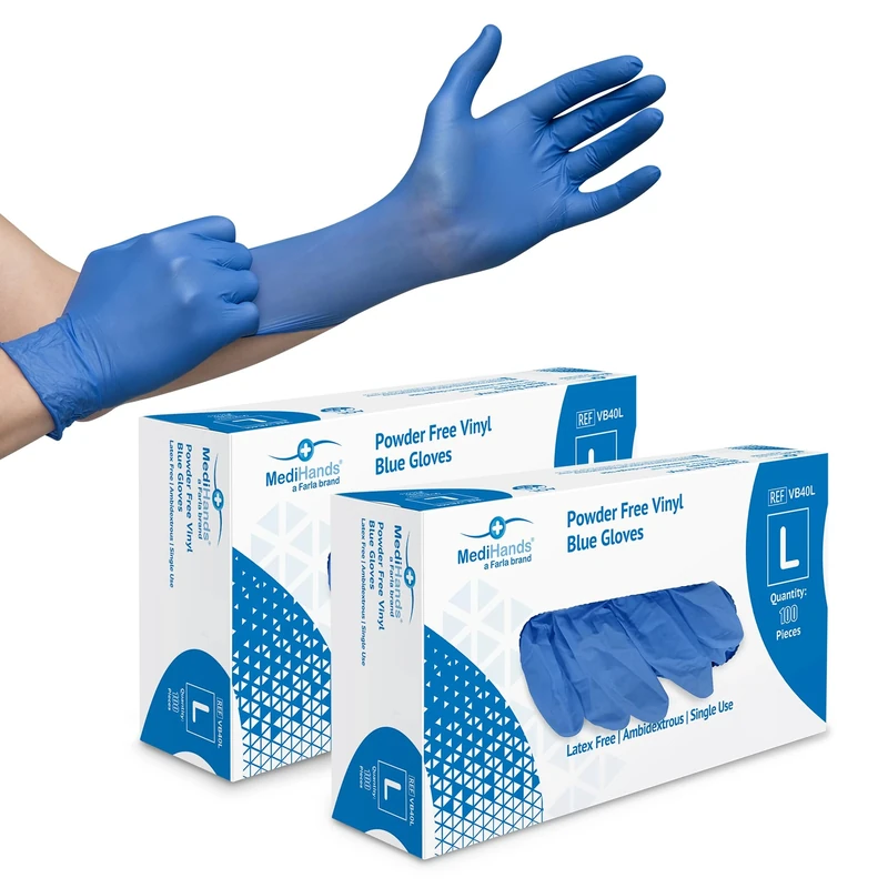 Farla MediHands Blue Large Vinyl Examination Gloves - Box of 200 Disposable, Powder-Free, Latex-Free, Protein-Free Medical Gloves - Multi-Purpose, Single-Use