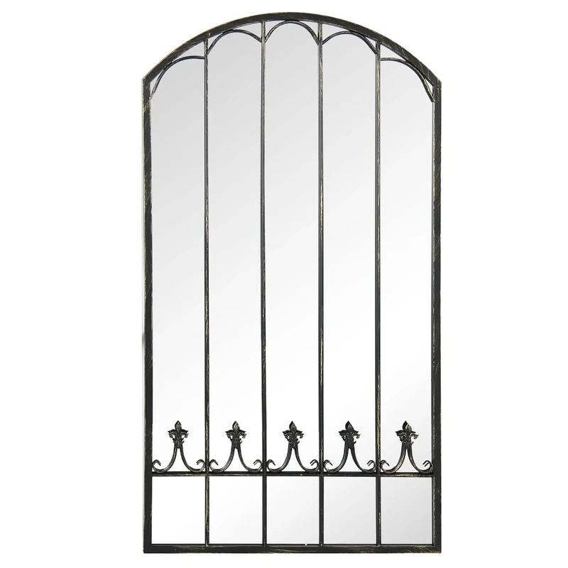 MirrorOutlet Apartment Antique Destressed Black Metal Arch shaped Decorative Window Effect Large Wall Mirror 140 x 75cm