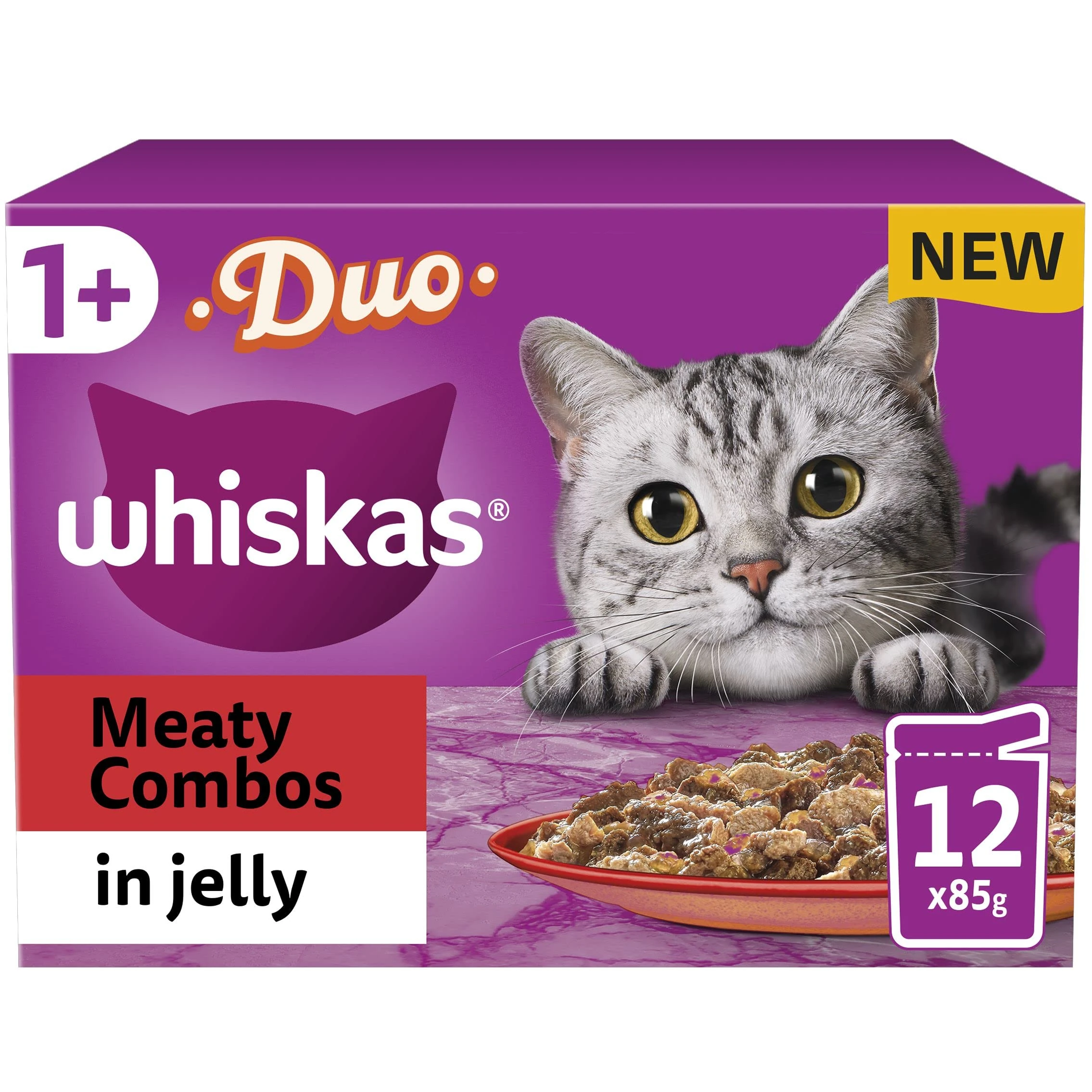 Whiskas Tasty Duo 1+ Meaty Combos in Jelly 48x85g Pouches, Adult Cat Food, Pack of 4 (12x85g)