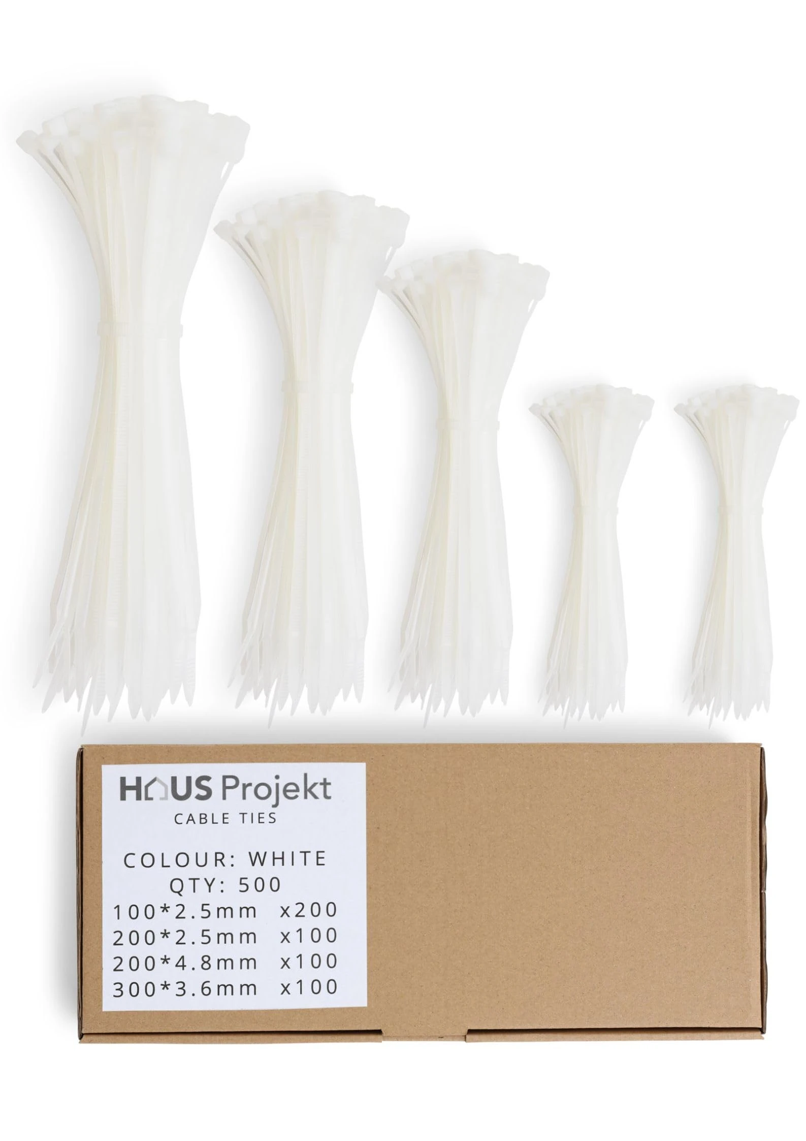 Haus Projekt Cable Ties 500 Pack White, Assorted Size Zipties, 100/200mm x2.5, 200x4.8, 300x3.6, Cable Management Tidy, Heavy Duty Plastic Zip Tie Wraps, Garden Christmas Cable Ties, Small Long Wire