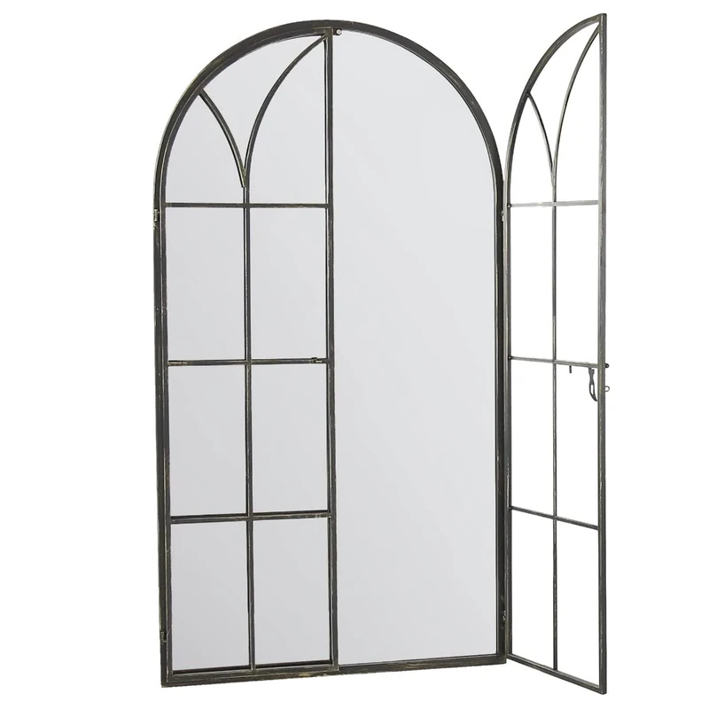 MirrorOutlet Large Metal Arch shaped Opening Doors Window Antique Black Wall Mirror 140cm X 75cm