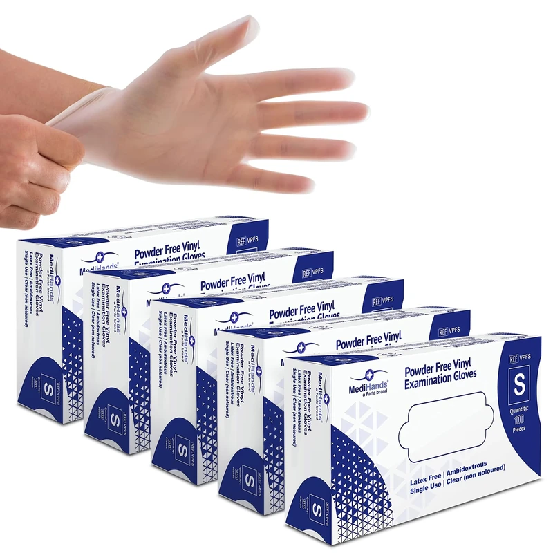 Farla MediHands Clear Small Vinyl Examination Gloves - Box of 500 Disposable, Powder-Free, Latex-Free, Protein-Free Medical Gloves - Multi-Purpose, Single-Use
