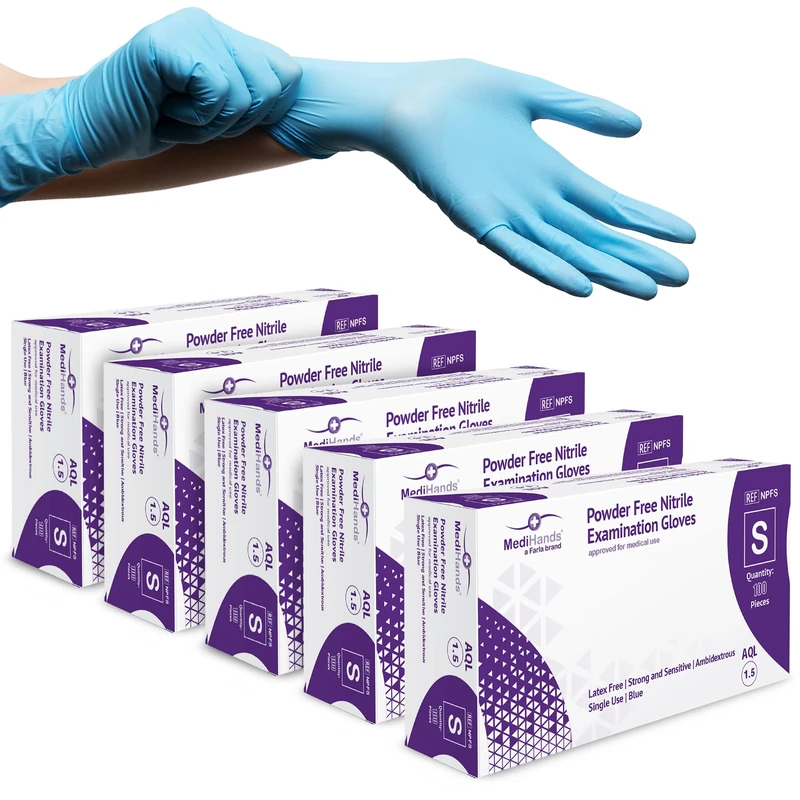 MediHands Nitrile Gloves Small, Blue Heavy Duty Disposable Glove and Surgical Gloves, Powder Free and Latex Free, Medical, Food, Multi Use, Pack of 500