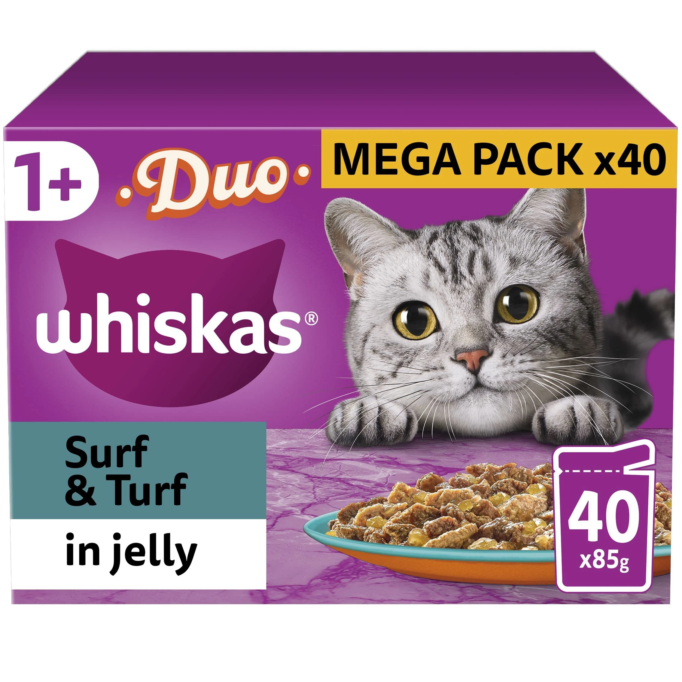 WHISKAS - 1+- Adult Wet Cat Food Pouches - 40 x 85 g - Surf and Turf in Jelly - Bulk Cat Food Megapack - 40 Pouches