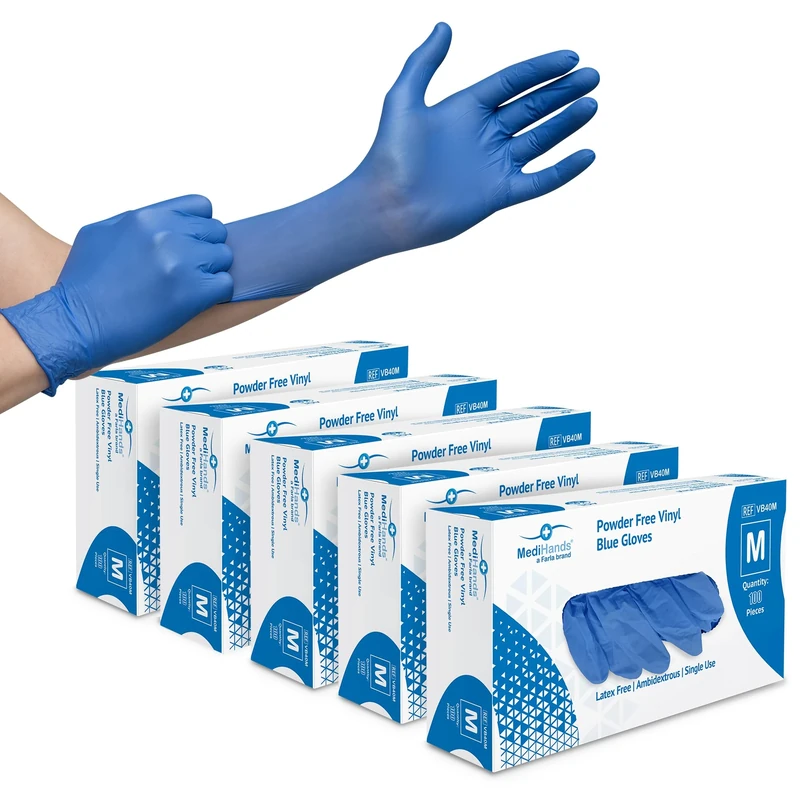 Farla MediHands Blue Medium Vinyl Examination Gloves - Box of 500 Disposable, Powder-Free, Latex-Free, Protein-Free Medical Gloves - Multi-Purpose, Single-Use