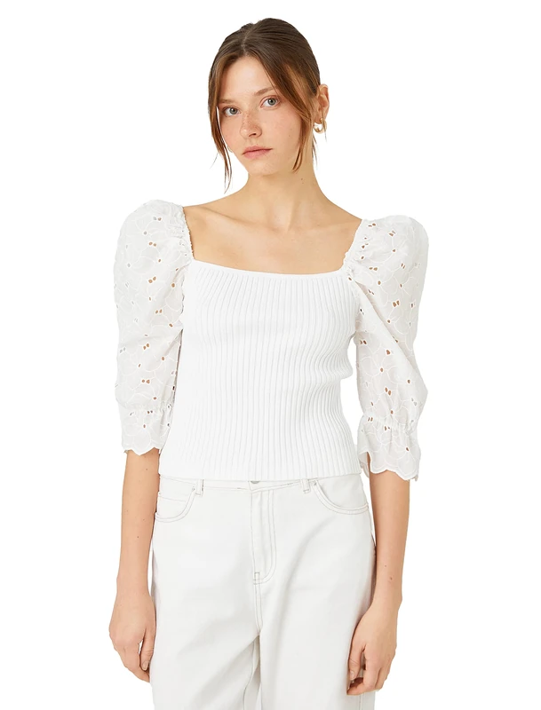 Koton Women's Brode Detail Ribbed Square Neck Pullover Sweater, Ecru (010), S - Image 1