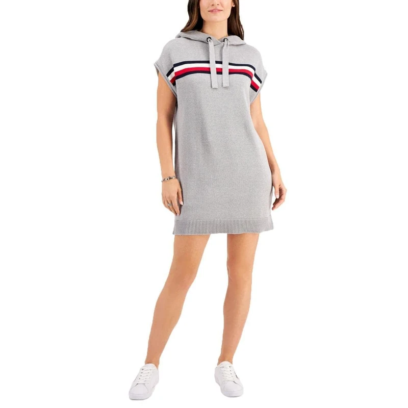 Tommy Hilfiger Short Sleeve Hooded Sweaterdress, Medium Heather Grey, XXL - Image 1
