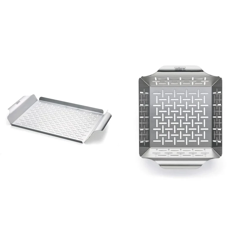 Weber Deluxe Grilling Pan - Stainless Steel Grill Pan for BBQs with Vented Design, Ideal for Sautéing Vegetables and Searing Seafood - 29.97cm x 44.2cm & 6481 Small Stainless Steel Vegetable Basket