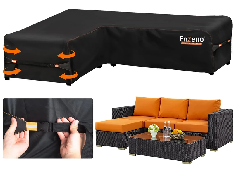 Enzeno Garden L-Shape Furniture Cover Waterproof,420D Heavy Duty Oxford Fabric Outdoor Rattan Corner Sofa Cover with Waterproof Tape (210 * 260 * 87cm)
