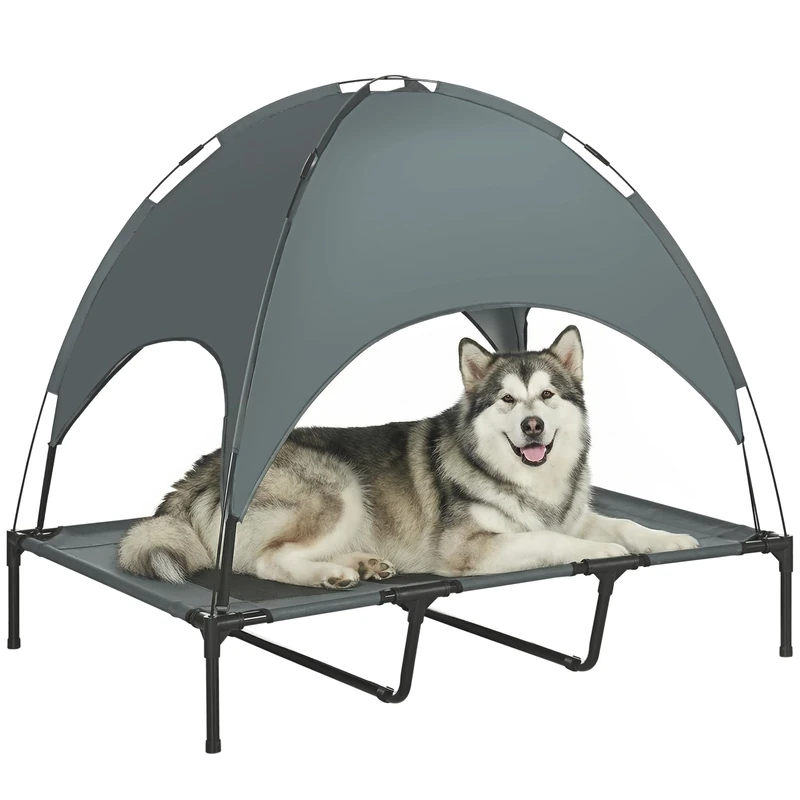 PawHut 122cm Elevated Dog Bed Cooling Raised Pet Cot UV Protection Canopy Grey