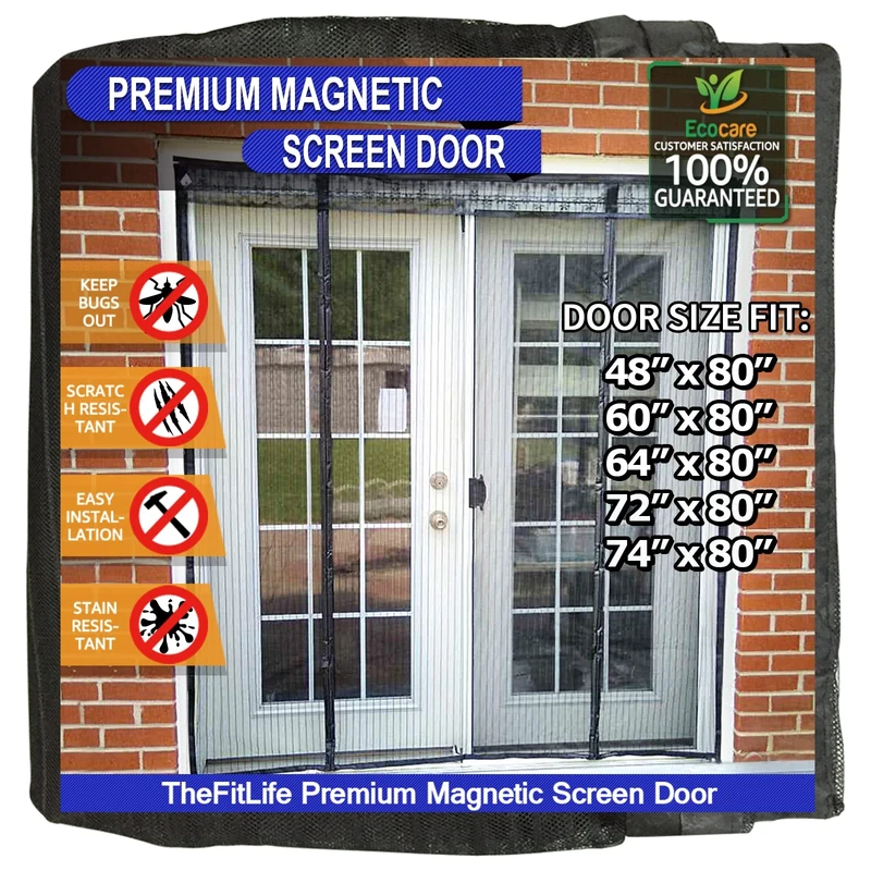 TheFitLife Double Door Magnetic Fly Screens for Doors - Mesh Curtain with Full Frame Hook and Loop, Powerful Magnets, Snap Shut Automatically Patio Door, Sliding French Black