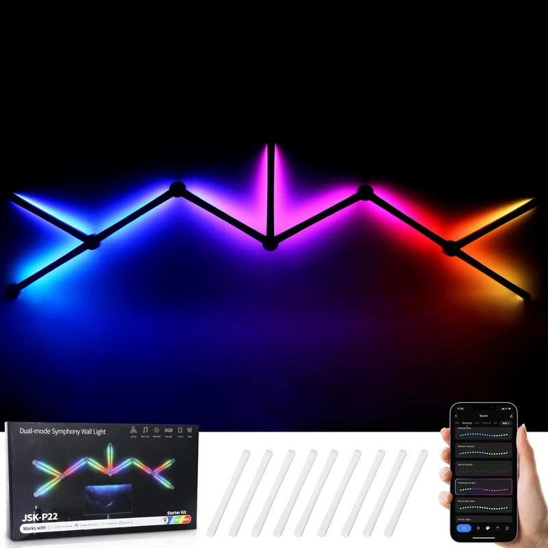 AGM Gaming Lights, 9PCS Smart LED Wall Light Bars with Music Sync, Wi-Fi Control, and Voice Assistant Compatibility for Immersive Home Decor and Gaming Experience