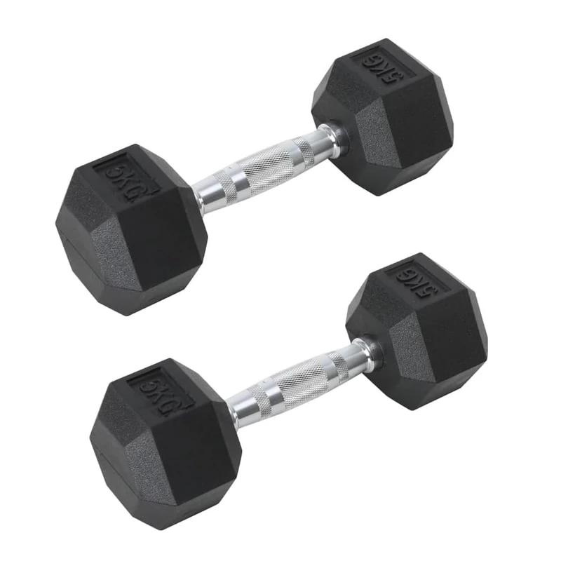 Pair of Rubber Coated Hexagonal Dumbbells Set of 2 Barbells 5 kg with Ergonomic Chrome Handle