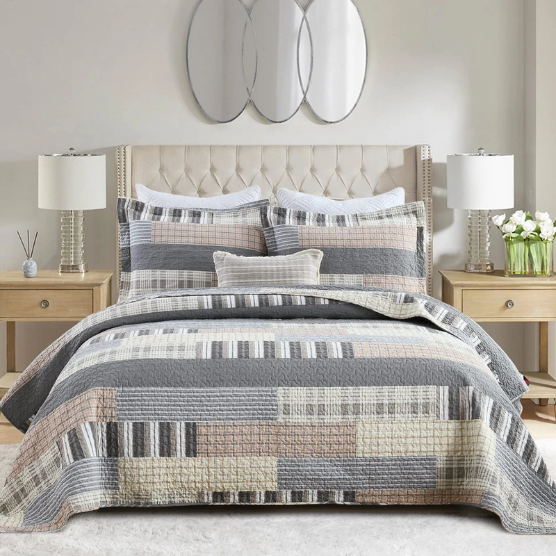 SahSahCasa Quilt Queen Size, Queen Quilt Set, 100% Cotton Queen Quilt Bedding Set Bedspreads, Farmhouse Reversible Patchwork Lightweight Plaid Quilts Bedspread for All Season, Gray/Brown, 3PCs