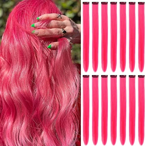 16 Pieces Coloured Clip-In Hair Extensions, 22 Inch Colourful Highlights Hairpieces Straight, Long Heat Resistant Synthetic Hair Accessories for Kid Girls Women Party Hair Decoration Hot Pink