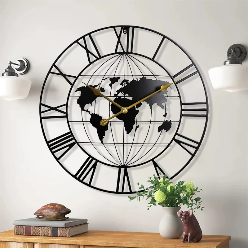 KEQAM Large World Map Wall Clock,Metal Minimalist Modern Clock, Round Silent Non-Ticking Battery Operated Wall Clocks for Living Room/Home/Kitchen/Bedroom/Office/School Decor (24 Inch)