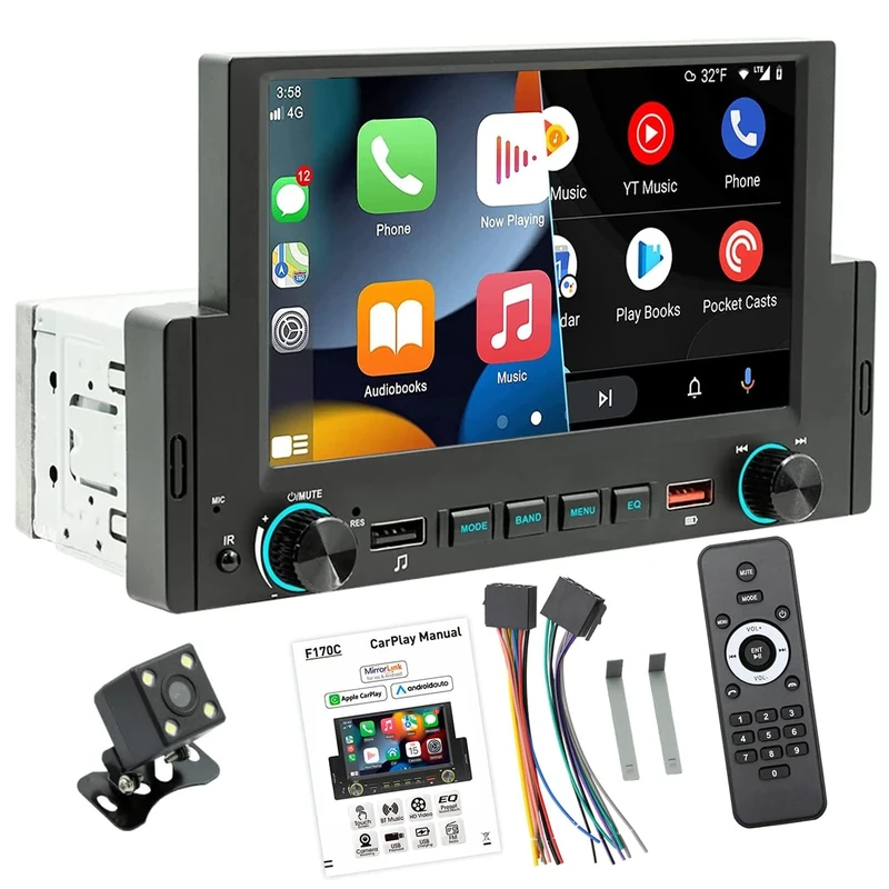 Single Din Bluetooth Car Stereo Compatible with Carplay Android Auto 6.2 Inch Touch Screen Car Radio Support FM SWC 3 USB Ports Mirror Link for Android/iOS with 4LED Reverse Camera