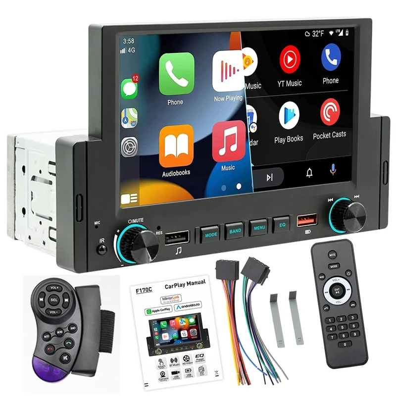 Bluetooth Car Stereo Single Din Compatible with Carplay Android Auto 6.2 Inch Touch Screen Car Radio Support FM SWC 3 USB Ports Mirror Link for Android/iOS with Steering Remote Control