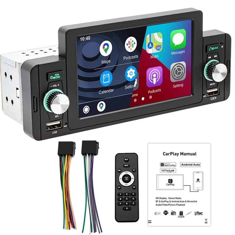 5¡± Car Stereo Single Din Touch Screen Multimedia Player with Wired Apple CarPlay, Android Auto and USB Mirroring for Android iOS. Support Bluetooth, 3 USB Ports/FM/SWC