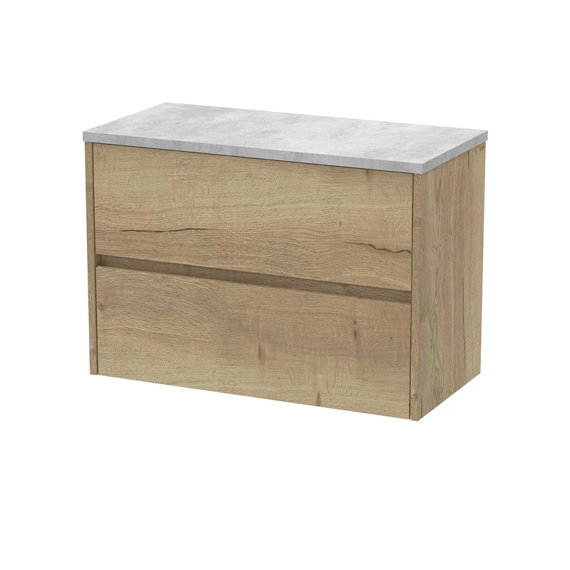 Hudson Reed HAV806LBG Havana Modern Bathroom Wall Hung 2 Drawer Countertop Unit & Laminate Worktop, 800mm, Woodgrain Autumn Oak/Bellato Grey
