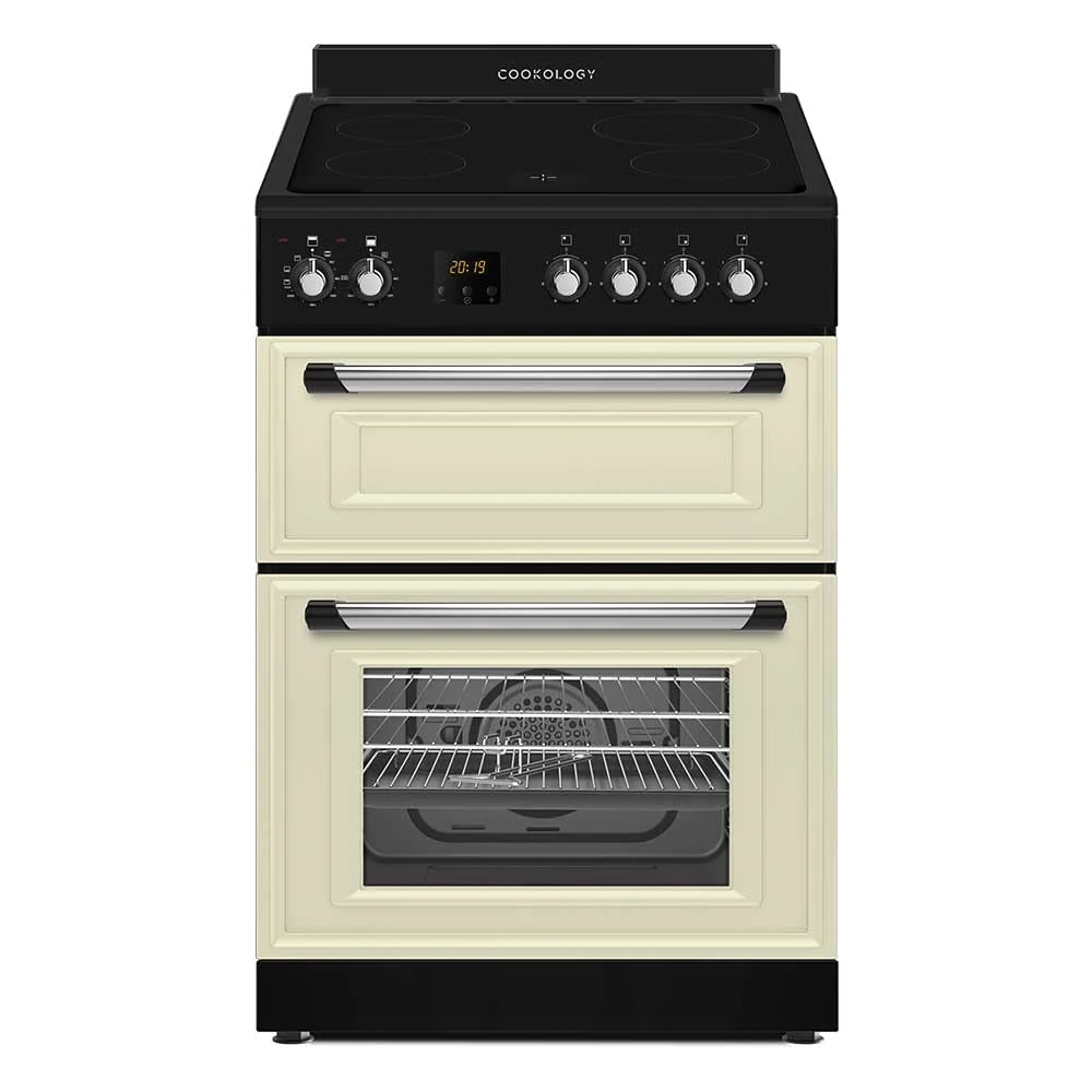 Cookology RETDO600CRM Freestanding Retro Electric Single Cooker Fan Oven in Cream - 94 Litre Capacity - 60cm Wide - Cooker Fan Oven - Ceramic Top - 4 Cooking Zone Hob