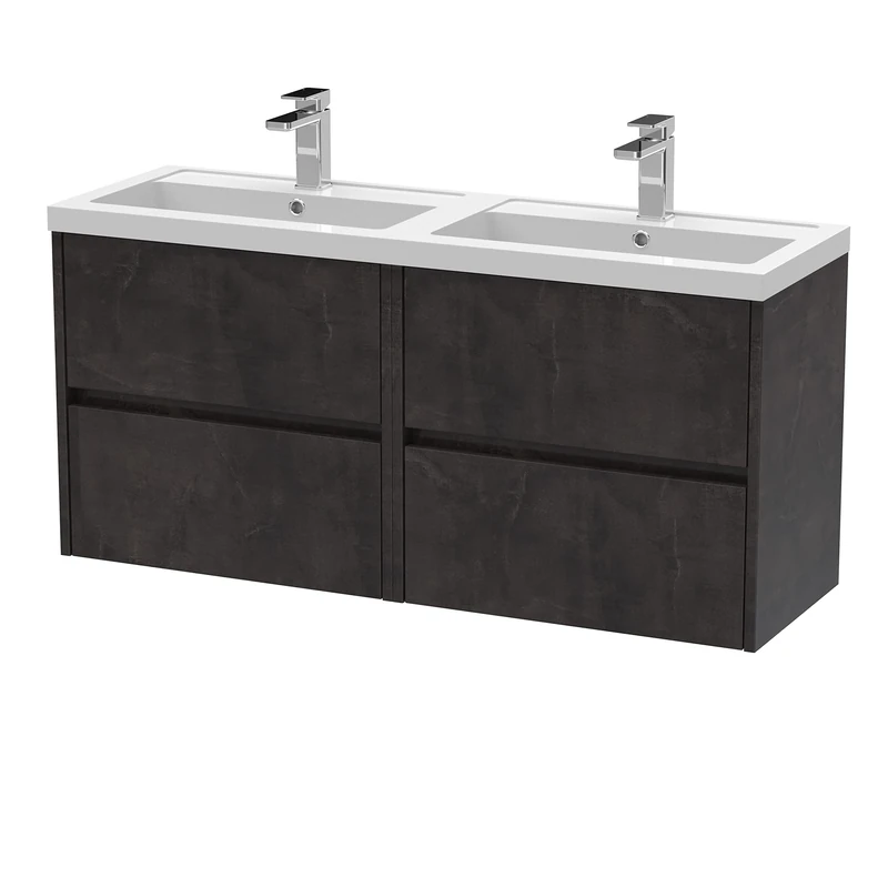 Hudson Reed HAV2604C Havana Modern Bathroom Wall Hung 4 Drawer Vanity Basin Unit & Double Polymarble Basin, 1200mm, Matt Metallic Slate