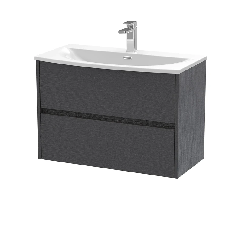Hudson Reed HAV2206G Havana Modern Bathroom Wall Hung 2 Drawer Vanity Basin Unit & Curved Ceramic Basin, 800mm, Woodgrain Graphite Grey