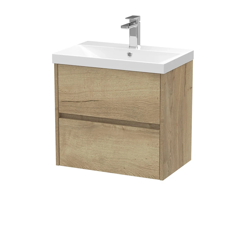 Hudson Reed HAV804D Havana Modern Bathroom Wall Hung 2 Drawer Vanity Basin Unit & Thin-Edge Ceramic Basin, 600mm, Woodgrain Autumn Oak