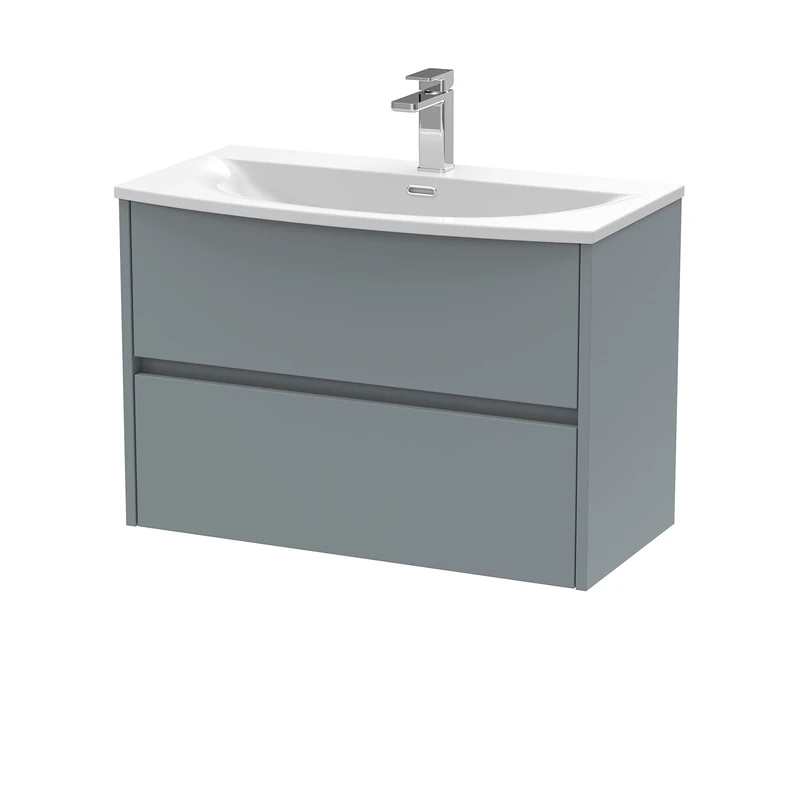 Hudson Reed HAV2306G Havana Modern Bathroom Wall Hung 2 Drawer Vanity Basin Unit & Curved Ceramic Basin, 800mm, Matt Coastal Grey