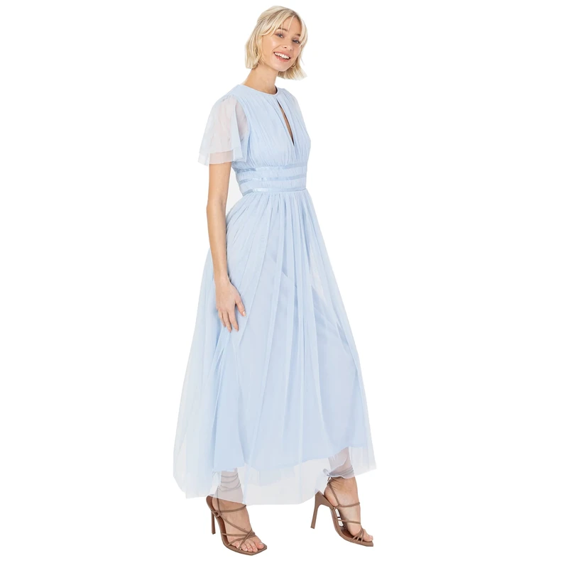 Anaya with Love Ladies Midaxi Dress for Women High Waist Keyhole Short Flutter Sleeve Crew Neckline for Wedding Guest Bridesmaids Prom Light Blue Size 10