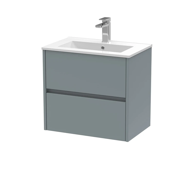 Hudson Reed HAV2304B Havana Modern Bathroom Wall Hung 2 Drawer Vanity Basin Unit & Minimalist Ceramic Basin, 600mm, Matt Coastal Grey