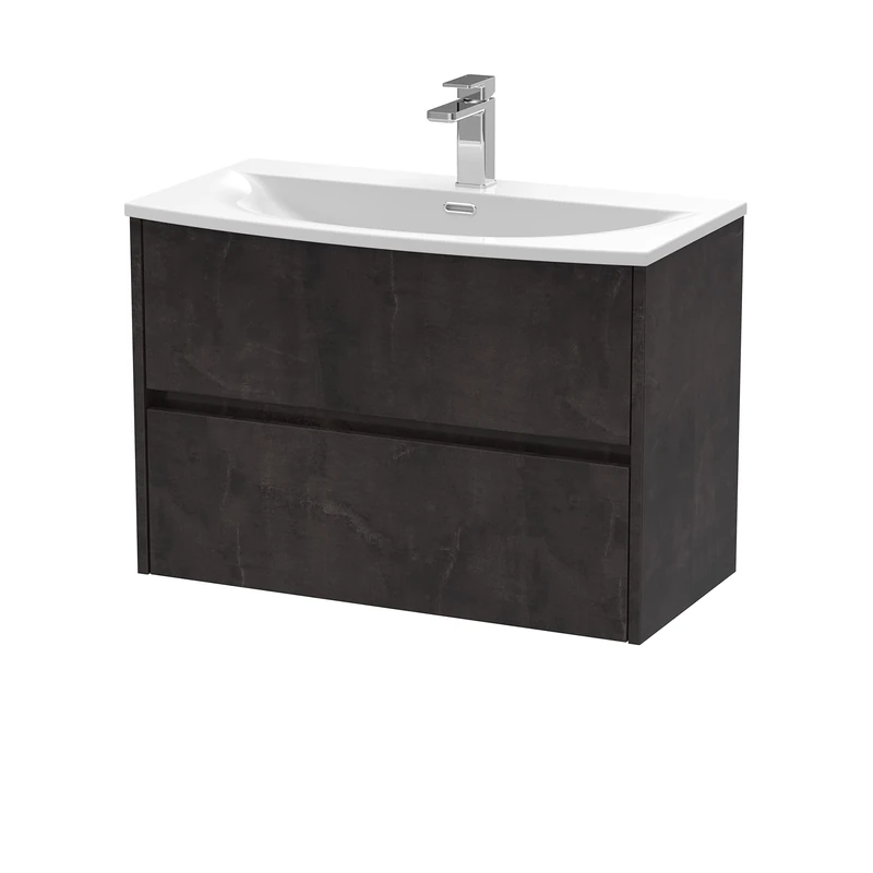 Hudson Reed HAV2606G Havana Modern Bathroom Wall Hung 2 Drawer Vanity Basin Unit & Curved Ceramic Basin, 800mm, Matt Metallic Slate