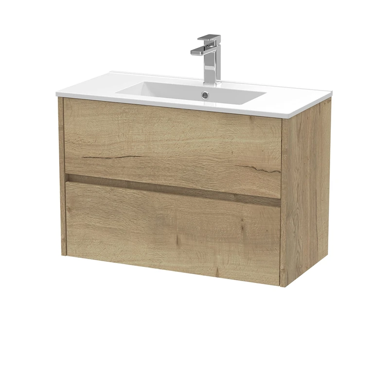 Hudson Reed HAV806B Havana Modern Bathroom Wall Hung 2 Drawer Vanity Basin Unit & Minimalist Ceramic Basin, 800mm, Woodgrain Autumn Oak