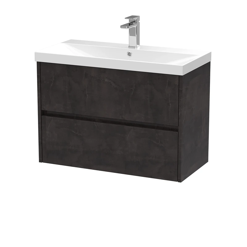 Hudson Reed HAV2606D Havana Modern Bathroom Wall Hung 2 Drawer Vanity Basin Unit & Thin-Edge Ceramic Basin, 800mm, Matt Metallic Slate