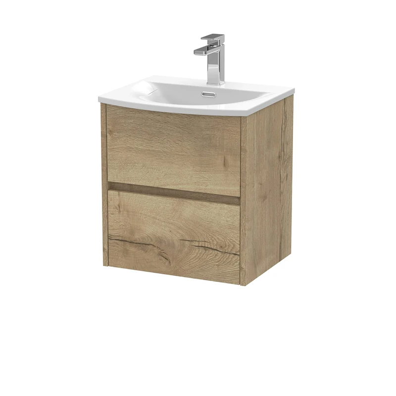 Hudson Reed HAV802G Havana Modern Bathroom Wall Hung 2 Drawer Vanity Basin Unit & Curved Ceramic Basin, 500mm, Woodgrain Autumn Oak