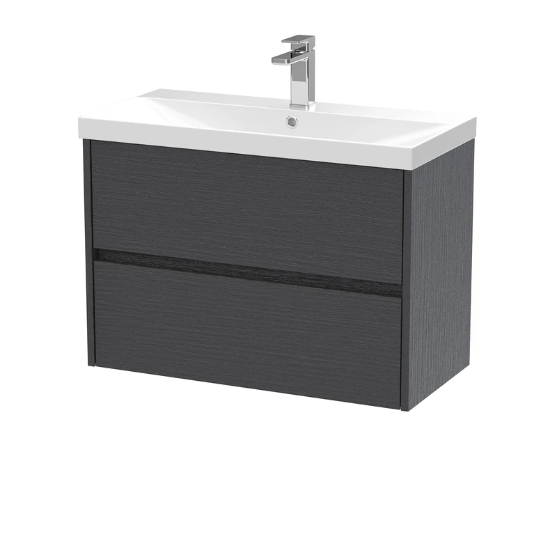 Hudson Reed HAV2206D Havana Modern Bathroom Wall Hung 2 Drawer Vanity Basin Unit & Thin-Edge Ceramic Basin, 800mm, Woodgrain Graphite Grey