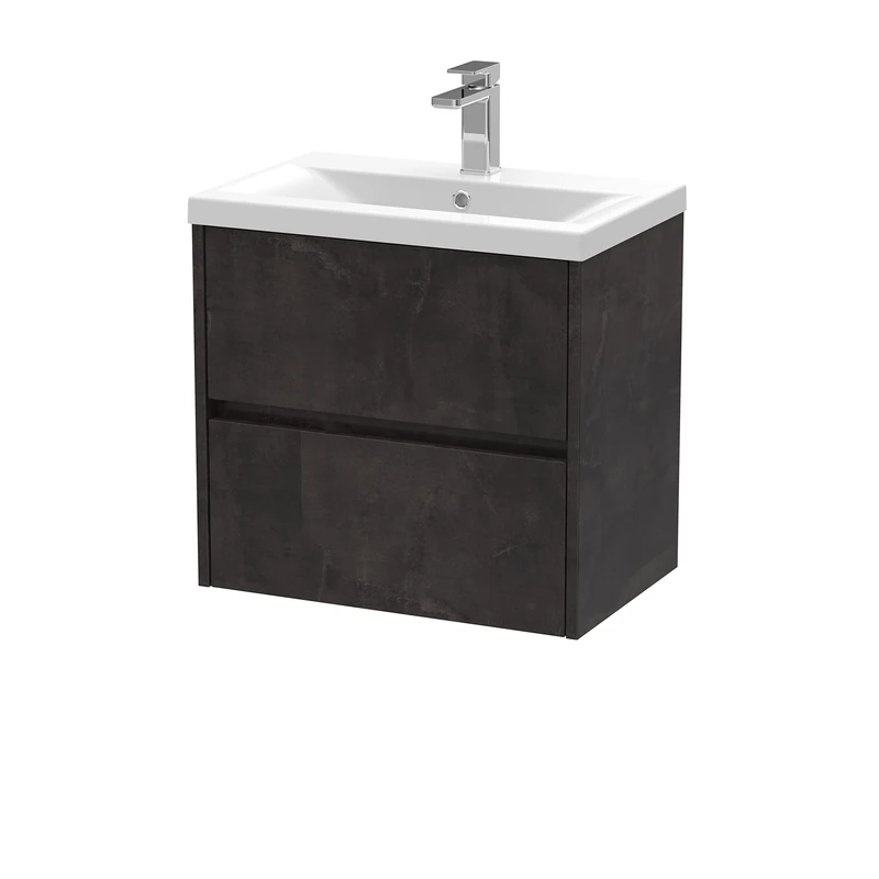 Hudson Reed HAV2604A Havana Wall Hung 2 Drawer Vanity Unit & Mid-Edge Ceramic Basin, 600mm, Matt Metallic Slate