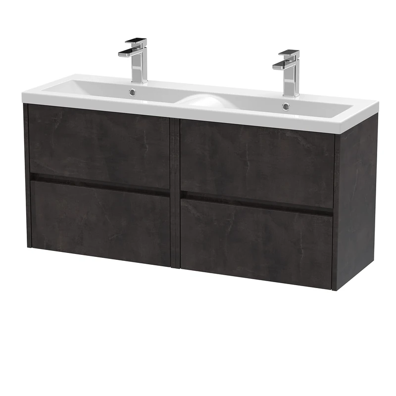 Hudson Reed HAV2604F Havana Modern Bathroom Wall Hung 4 Drawer Vanity Basin Unit & Double Ceramic Basin, 1200mm, Matt Metallic Slate
