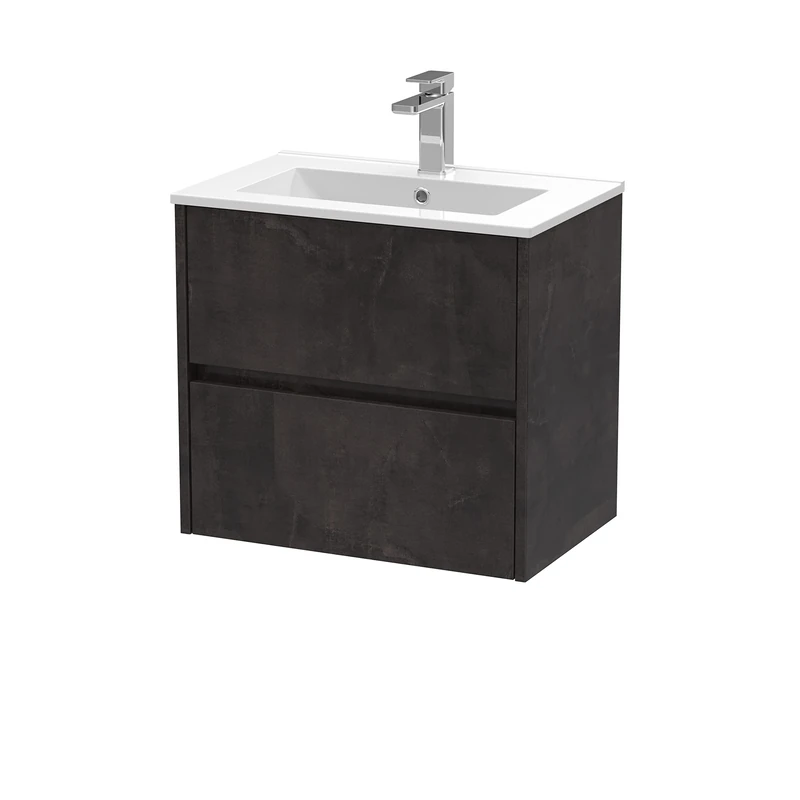 Hudson Reed HAV2604B Havana Modern Bathroom Wall Hung 2 Drawer Vanity Basin Unit & Minimalist Ceramic Basin, 600mm, Matt Metallic Slate