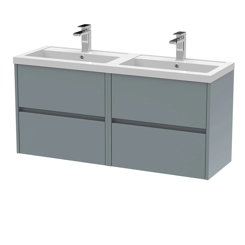 Hudson Reed HAV2304C Havana Modern Bathroom Wall Hung 4 Drawer Vanity Basin Unit & Double Polymarble Basin, 1200mm, Matt Coastal Grey
