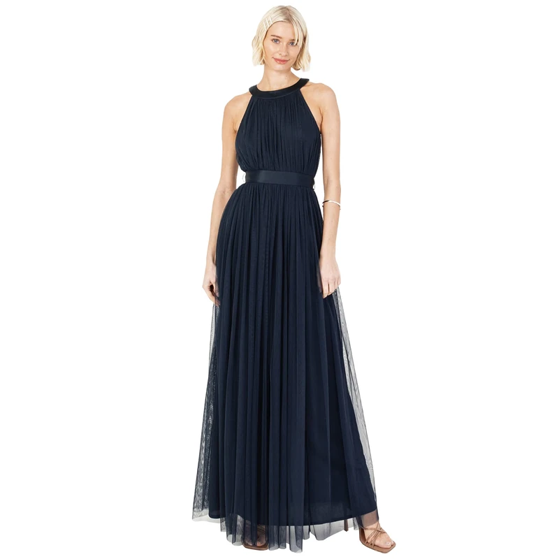 Anaya with Love Women's Maxi Dress for Women Halter Neck Long Sleeveless with Belt A Line Evening Gown Ball Prom Wedding Guest Bridesmaid Dress, Navy Blue, 16