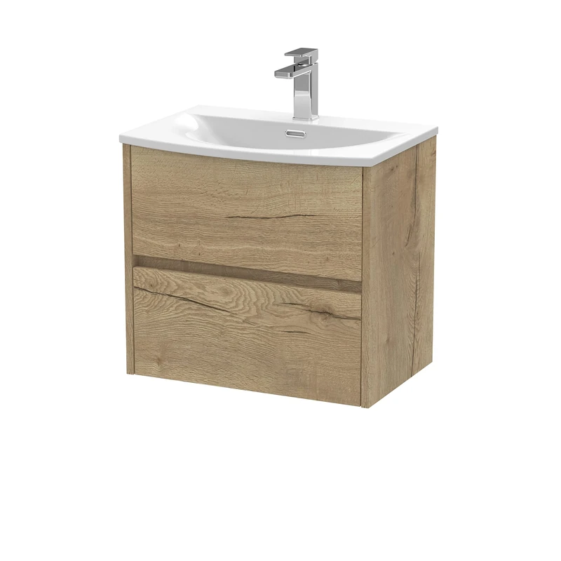 Hudson Reed HAV804G Havana Modern Bathroom Wall Hung 2 Drawer Vanity Basin Unit & Curved Ceramic Basin, 600mm, Woodgrain Autumn Oak