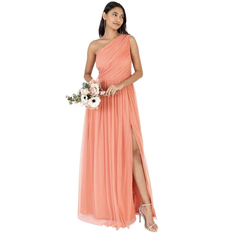 Anaya with Love Women's Womens Ladies Maxi One Cold Shoulder Slit Split Sleeveless Prom Wedding Guest Bridesmaid Dress, Coral Pink, 8 UK