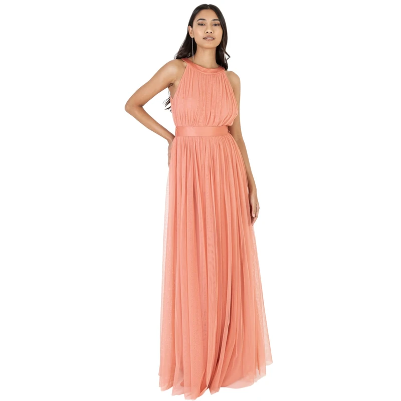 Ladies Maxi Dress for Women Halter Neck Long Sleeveless with Belt A Line Evening Gown Ball Prom Wedding Guest Bridesmaid Coral Pink Size 6