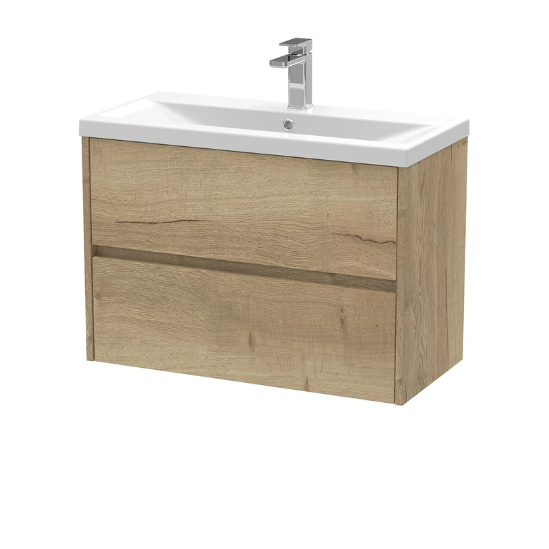Hudson Reed HAV806A Havana Modern Bathroom Wall Hung 2 Drawer Vanity Basin Unit & Mid-Edge Ceramic Basin, 800mm, Woodgrain Autumn Oak